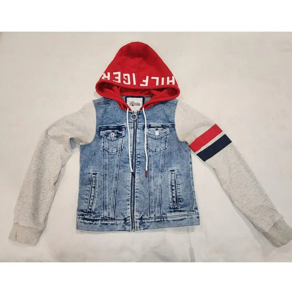 Tommy Hilfiger Denim Hoodie Jacket Vest Hybrid Womens XS Red Grey Y2K Trend